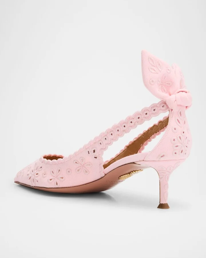 Cotton Eyelet Bow Tie Kitten Pumps - Image 3
