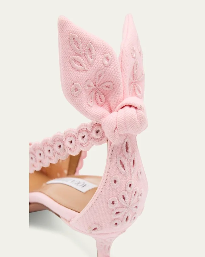 Cotton Eyelet Bow Tie Kitten Pumps - Image 2