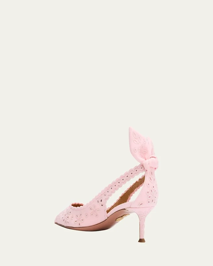 Cotton Eyelet Bow Tie Kitten Pumps - Image 3