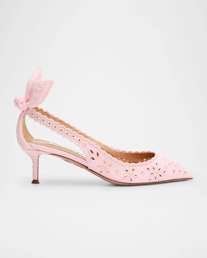 Cotton Eyelet Bow Tie Kitten Pumps