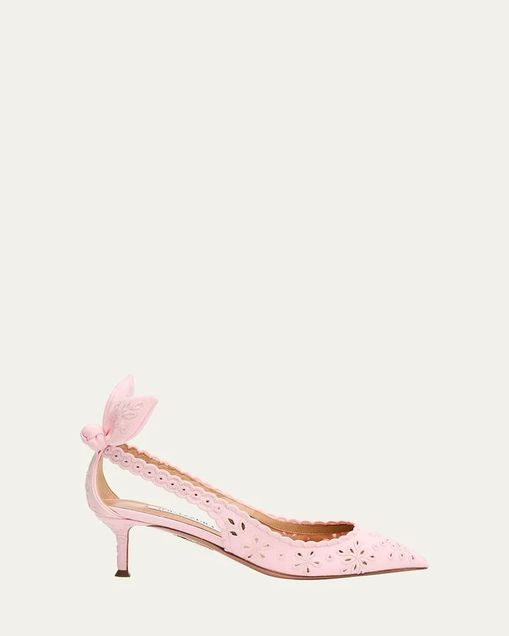 Cotton Eyelet Bow Tie Kitten Pumps
