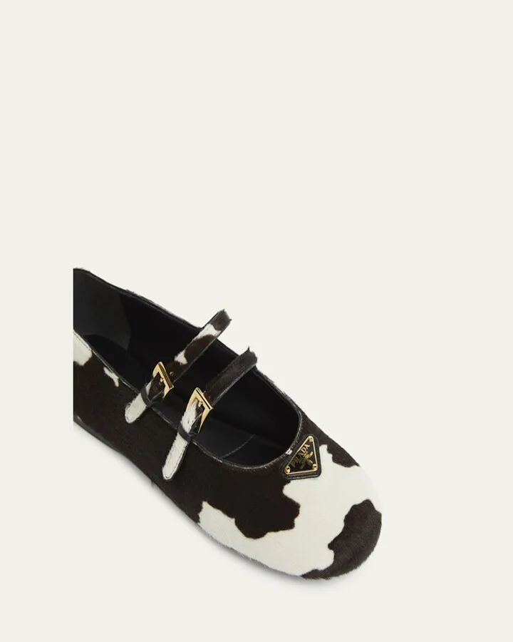 Cow Hair Double Mary Jane Triangle Logo Ballerina Flats - Image 3