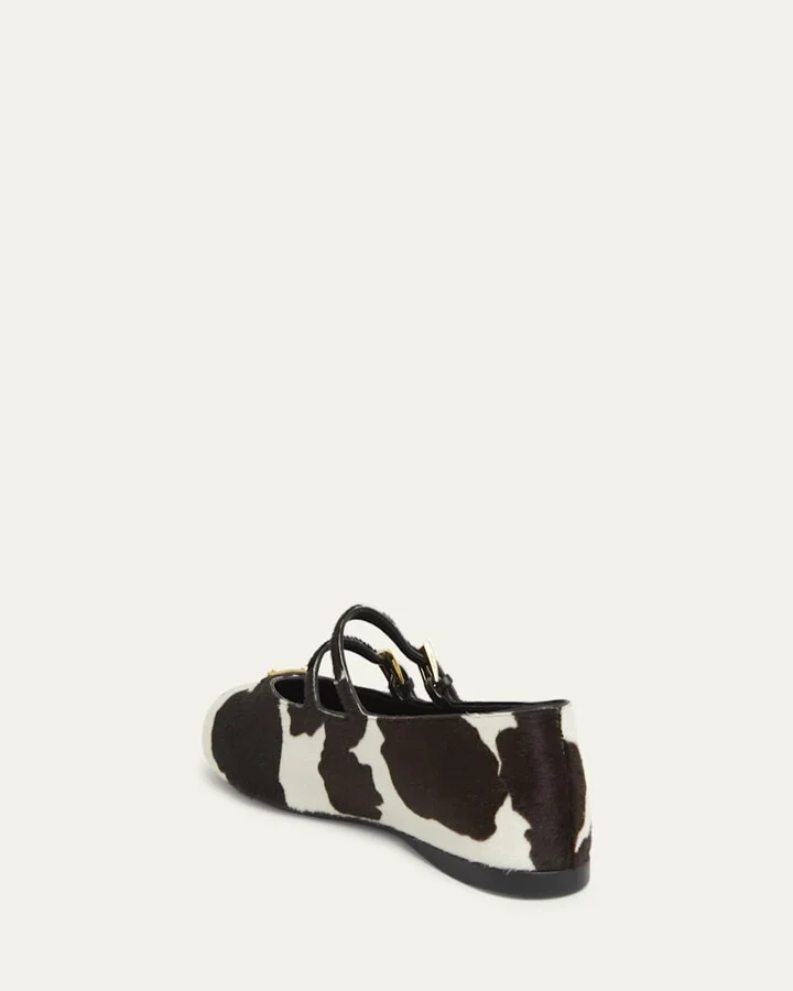 Cow Hair Double Mary Jane Triangle Logo Ballerina Flats - Image 5
