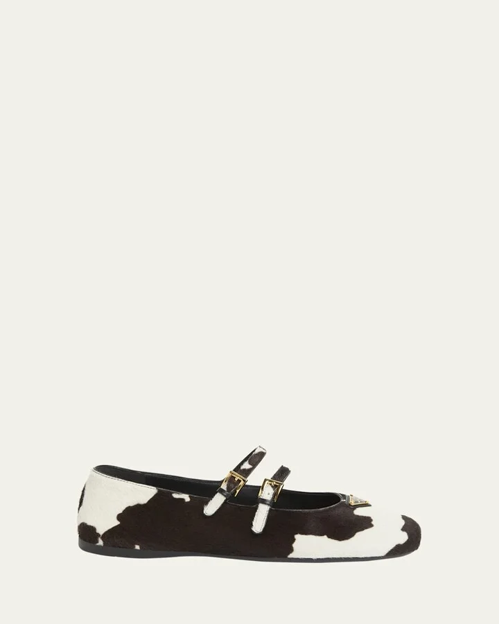 Cow Hair Double Mary Jane Triangle Logo Ballerina Flats