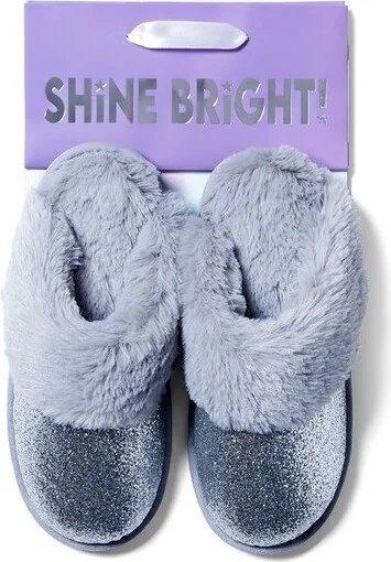 Cozyfoas Woen's Glitter Scuff Slipper with Gift Bag - Silver Glitter Size M
