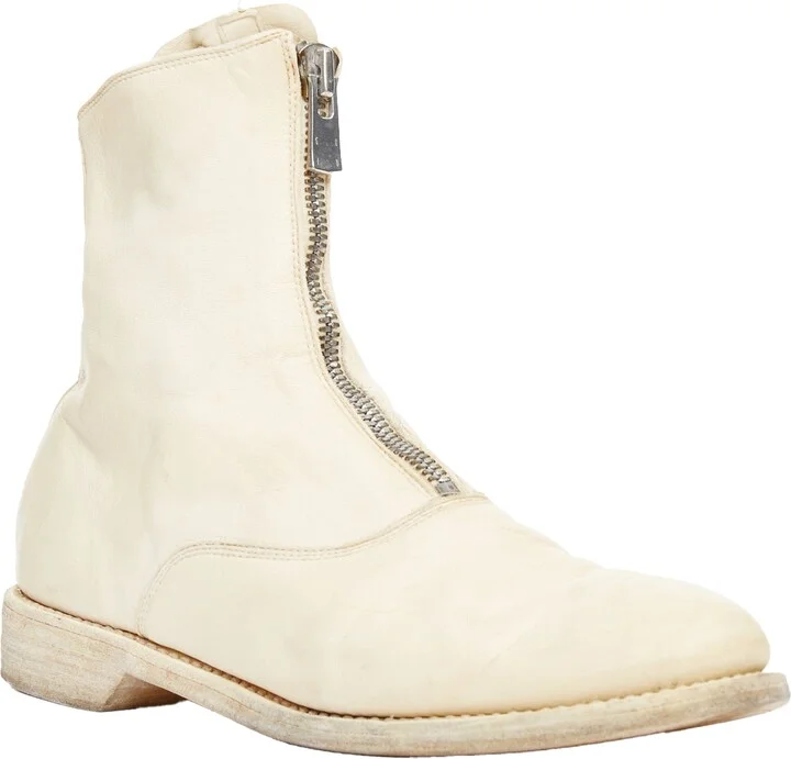 Cream Full Grain Leather Front Zip Combat Boots