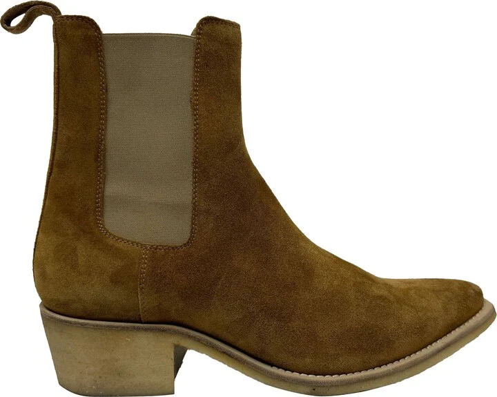 Crepe Pointy Toe Chelsea Boots in Brown Suede