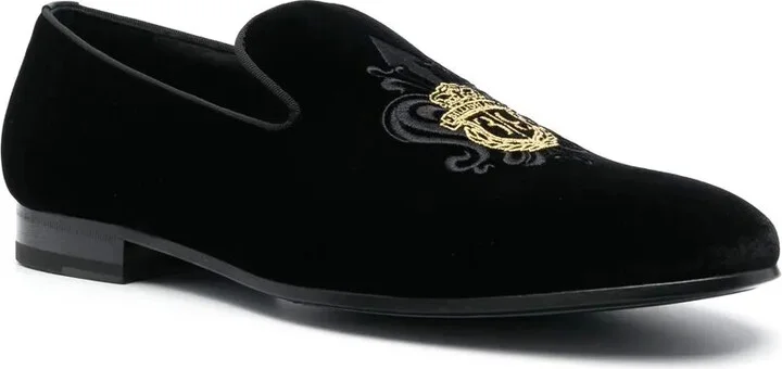 Crest-Motif Velvet Loafers - Image 2