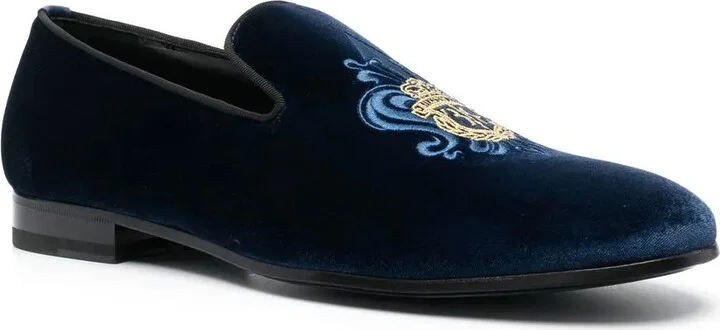 Crest-Motif Velvet Loafers - Image 2