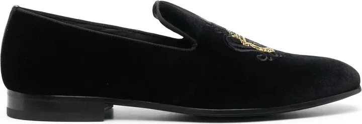 Crest-Motif Velvet Loafers