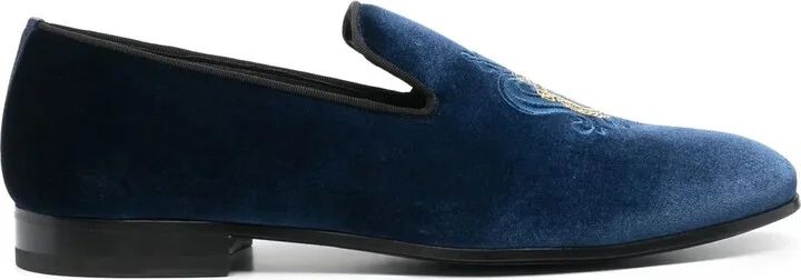 Crest-Motif Velvet Loafers