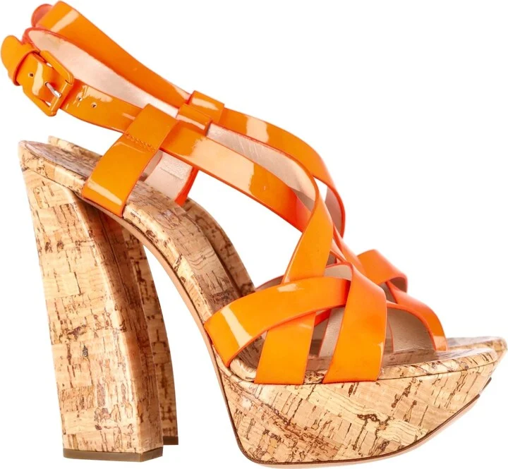 Crisscross High Block Heel Sandals in Orange Patent Leather