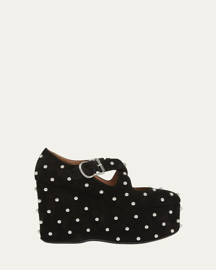 Crisscross Pearly-Stud Wedge Platforms