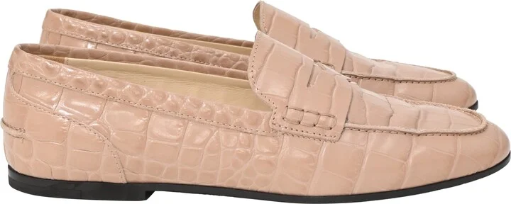 Croc-Effect Loafers in Beige Leather
