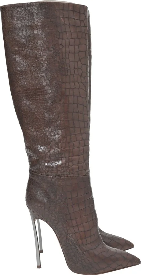 Croc-Embossed Knee High Boots in Brown Leather