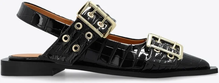 Croc-Embossed Leather Slingback Flats