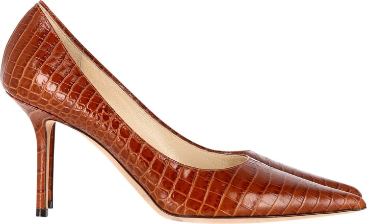 Croc Embossed Love Pumps in Brown Leather