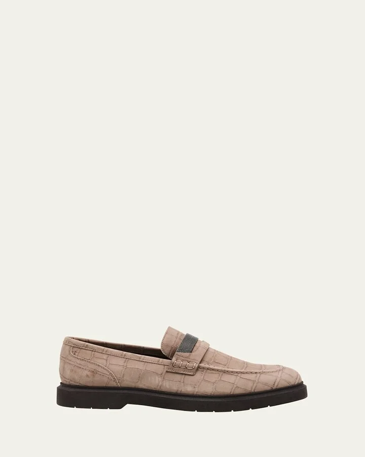 Croc-Embossed Suede Monili Penny Loafers