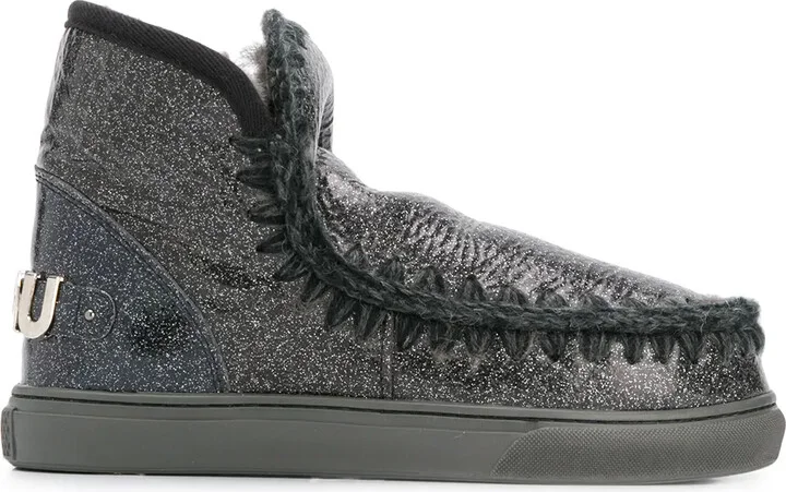 Crochet Stitch-Trim Glitter Sneaker Boots