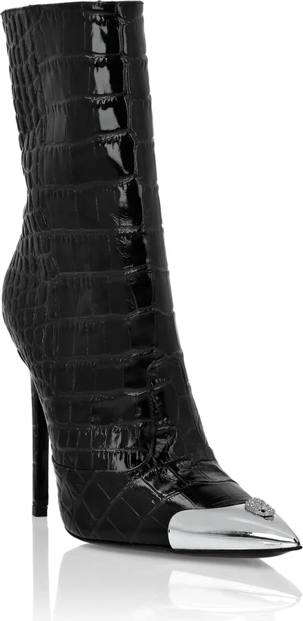 Croco Boots Mid Heels High Skull
