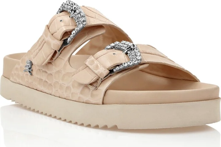 Croco Printed Leather Sandals Flat Crystal