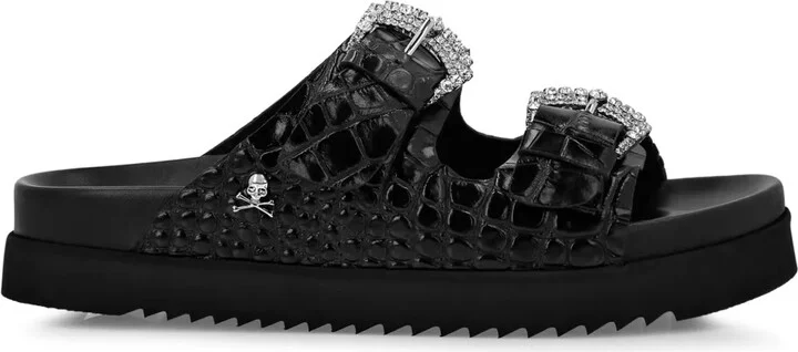 Crocodile-Effect Leather Sandals