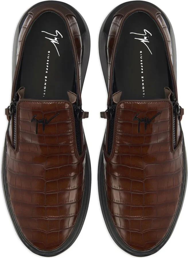 Crocodile-Effect Leather Slip-On Sneakers - Image 4