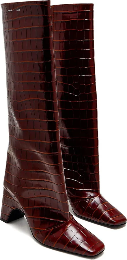 Crocodile-Effect Square-Toe Knee-High Boots - Image 2