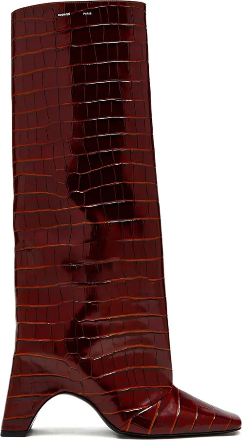 Crocodile-Effect Square-Toe Knee-High Boots