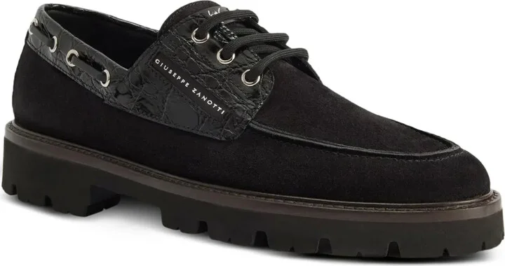 Crocodile-Effect Suede Lace-Up Boat Shoes