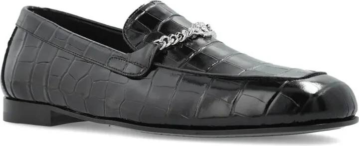 Crocodile-Embossed Chain-Detail Loafers - Image 2