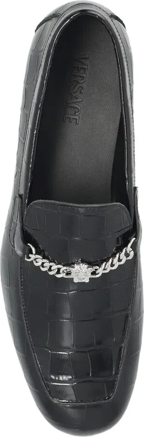 Crocodile-Embossed Chain-Detail Loafers - Image 3