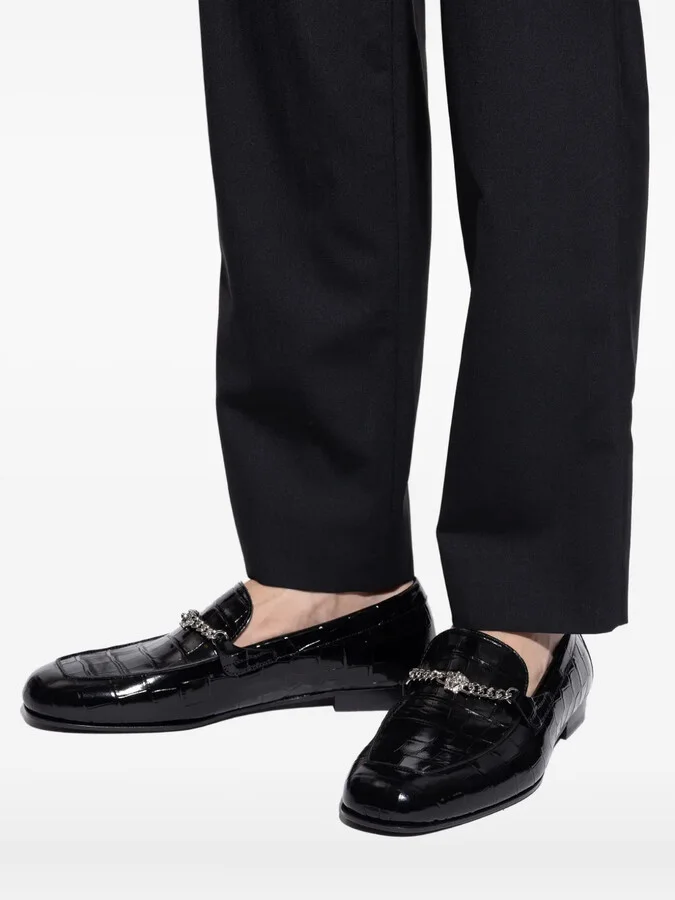 Crocodile-Embossed Chain-Detail Loafers - Image 5