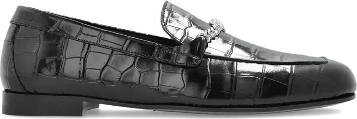 Crocodile-Embossed Chain-Detail Loafers