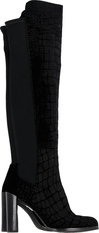 Crocodile-Embossed Knee-High Heeled Boots in Black Velvet