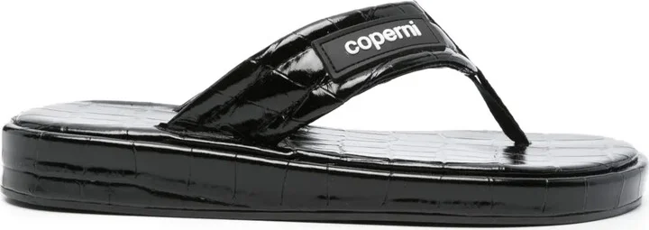 Crocodile-Embossed Leather Flip Flops