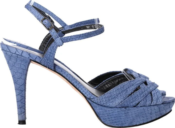 Crocodile-Embossed Platform Sandal Heels in Blue Leather