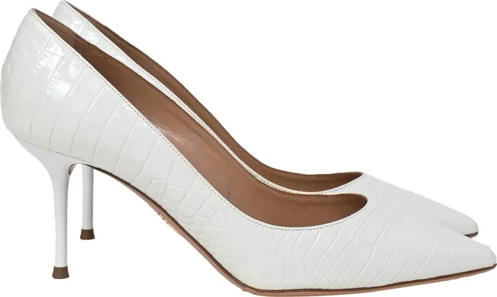 Crocodile-Embossed Pointed Pumps in White Leather