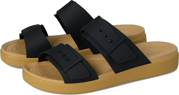 Crocs Brooklyn Buckle Low Wedge Women's Shoes Black/Tan : 9 M
