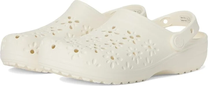 Crocs Classic Clogs with Floral Cut Out Design Slippers Chalk : Men's 4 - Women's 6 Medium, Rubber/Vinyl