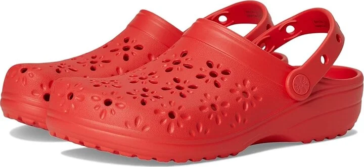 Crocs Classic Clogs with Floral Cut Out Design Slippers Cherry Red : Men's 3 - Women's 5 Medium, Rubber/Vinyl