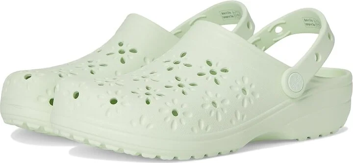 Crocs Classic Clogs with Floral Cut Out Design Slippers Jade Tint : Men's 2 - Women's 4 Medium, Rubber/Vinyl