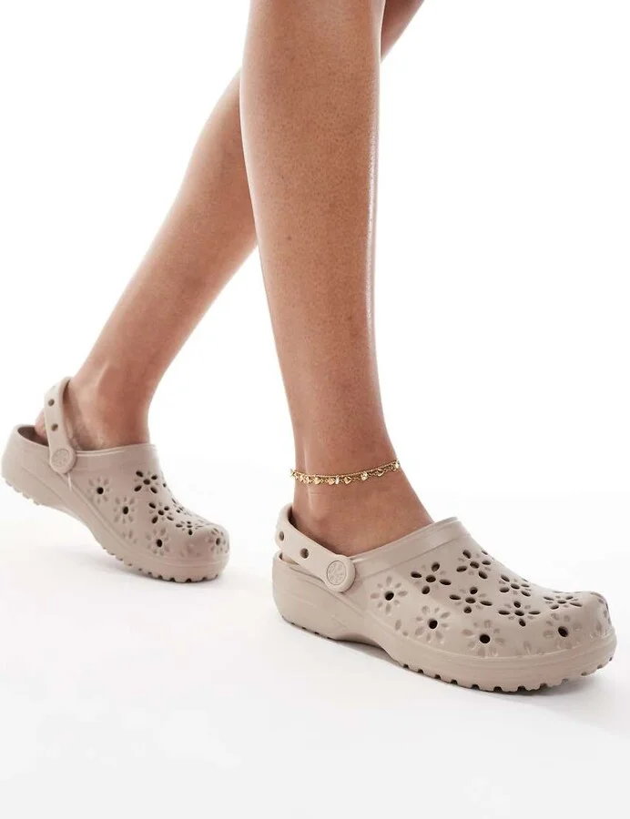 Crocs Classic floral cut-out clogs in taupe - Image 3