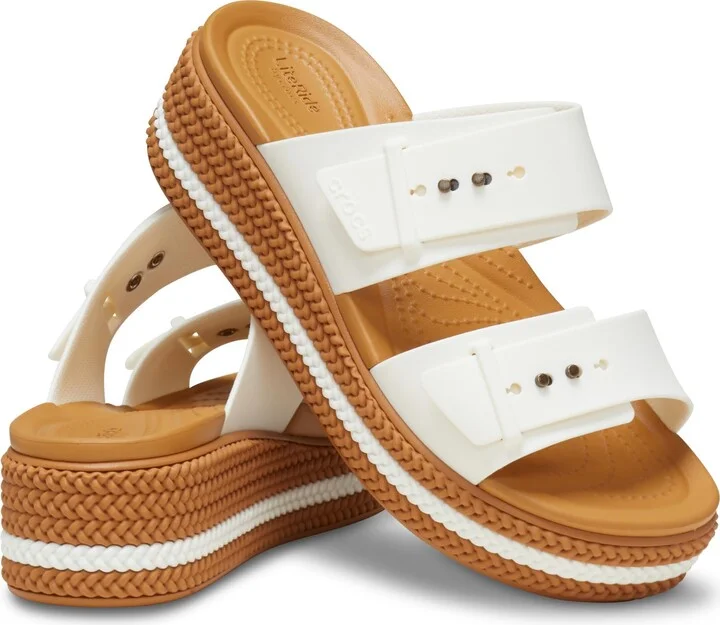 Crocs Womens Brooklyn Buckle Low Wedge Chalk 10 Medium