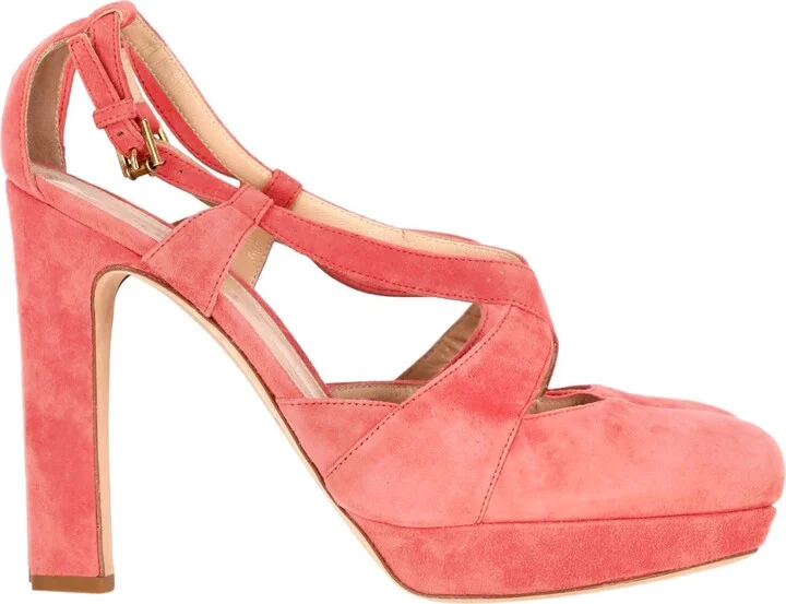 Cross Strap Chunky Heel Platform Pumps in Coral Suede
