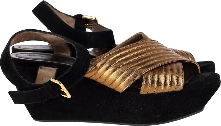 Cross-Strap Platform Sandals in Bronze Leather