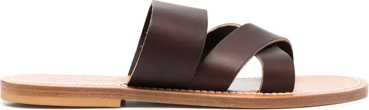 Crossover-Strap Calf-Leather Slides