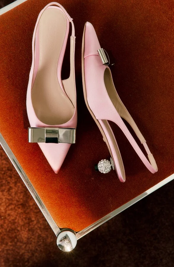 Crystal Ball Bow Pointed Toe Silk Slingback Pump - Image 2
