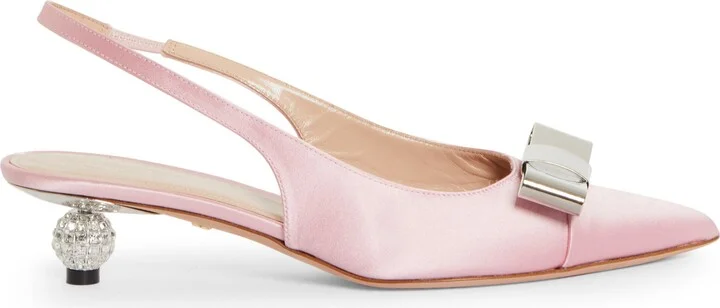 Crystal Ball Bow Pointed Toe Silk Slingback Pump - Image 4