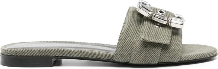 Crystal-Buckle Denim Slippers